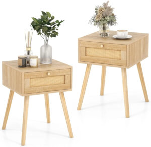 Mesitas de Noche de Ratán con Cajón, 40 x 40 x 55 cm, Mesilla de Noche Boho, Patas de Madera de Pino, Mesa Auxiliar Dormitorio S