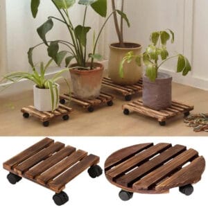 Soporte para plantas rodante Soporte para plantas de madera resistente con 360 ° Ruedas para macetas Planta rodante interior y exterior para patio